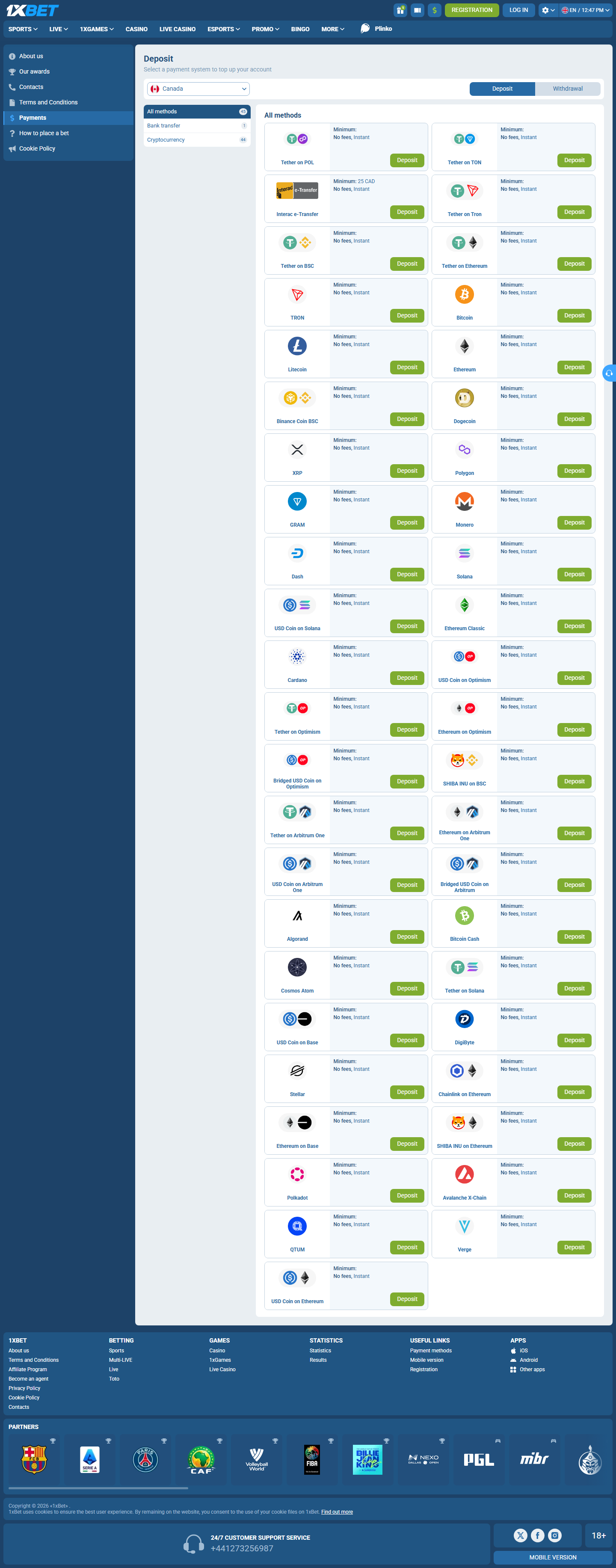 1xBet Canada payment information page